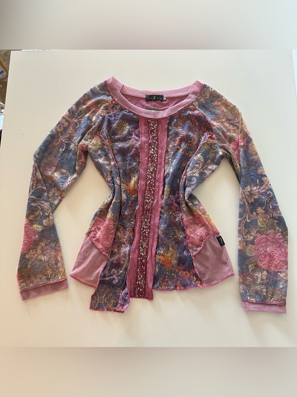 NEW Vintage Y2K Vango Paris Patchwork Lace Fairycore Blouse Sequin Sheer Pink